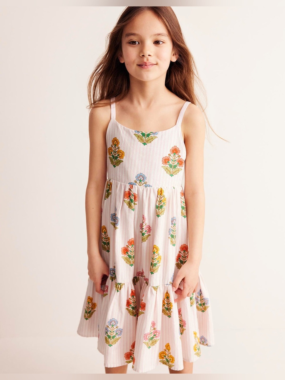 Mini Boden tiered twirly sundress, pink woodblock floral size 2-3y 100% cotton